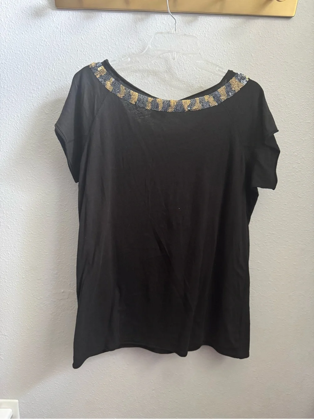 Tory Burch Black Short-Sleeve Top with Sequin Snake XL